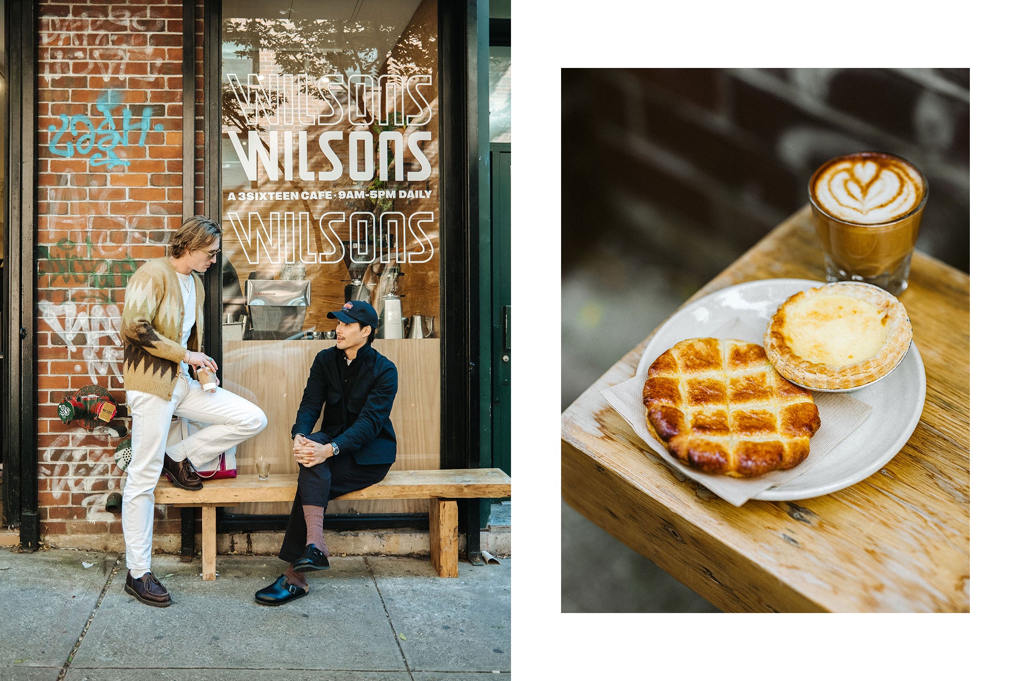 A diptych of two men chatting outside the store, and a photo of pastries and a espresso drink.