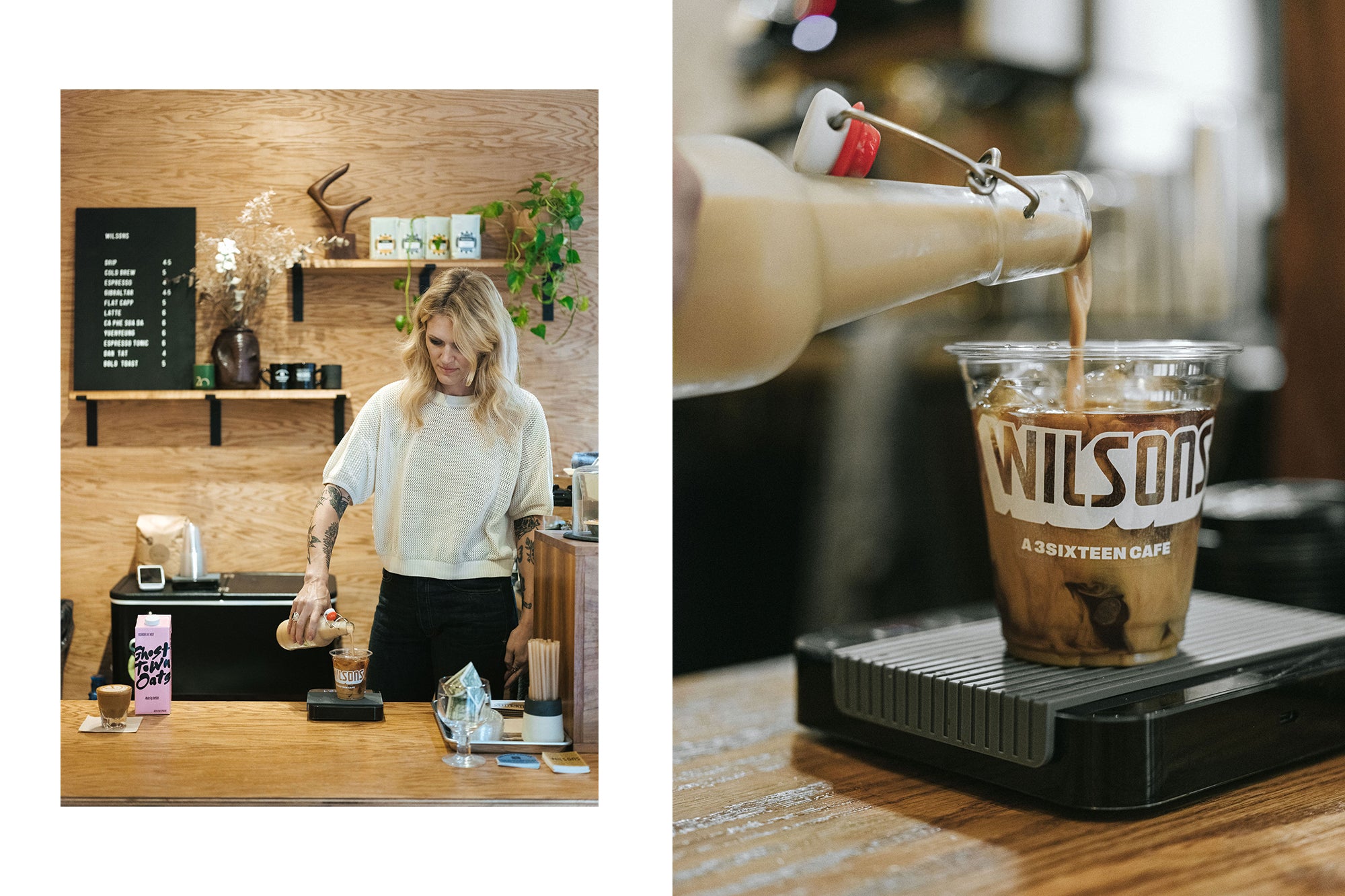 A diptych of a barista making an iced coffee drink.