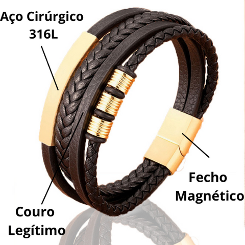 Kit 2 Peças - Pulseira Magnética Masculina de Couro - Matieu - Compre 1 Leve 2