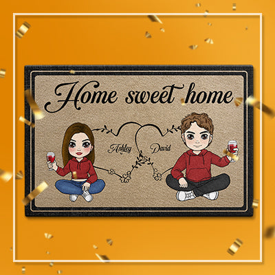 Chibi Drinking Couple Personalized Doormat