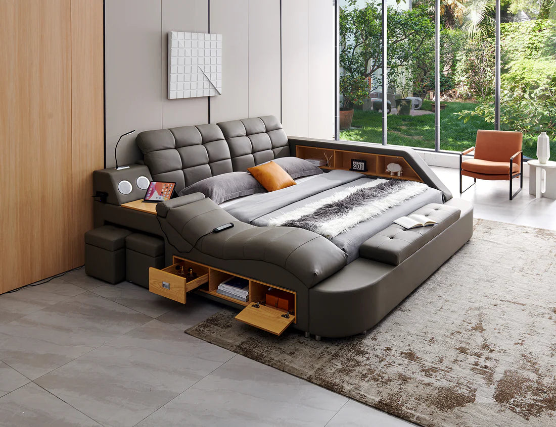 Stylish Leather Bed with Built-in Speaker and Massager, Available in Black or Grey