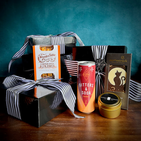 A custom curated corporate gift for a local Seattle company celebrating Halloween. Designed for a virtual Halloween party. Gifts were delivered locally within Seattle and shipped nationwide. 