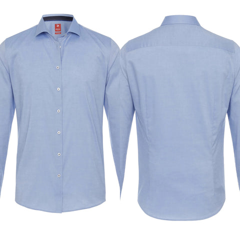 Staple blue shirt for any occasion. Dress it up to be formal with a suit or a blazer.  dress if down to be more casual with chinos or jeans. Light blue, sky blue with buttons on the sleeve. 