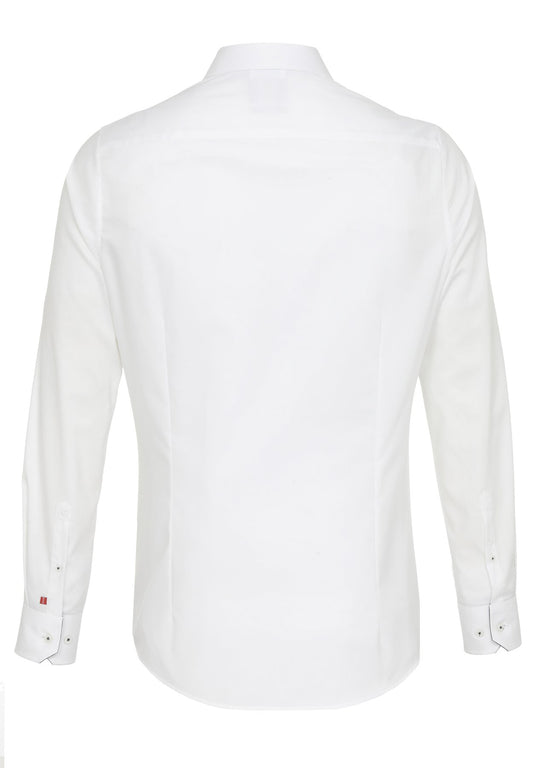 Mens white cotton long sleeve shirt with a shark collar, made from 3% spandex, available at StylishGuy Menswear Dublin