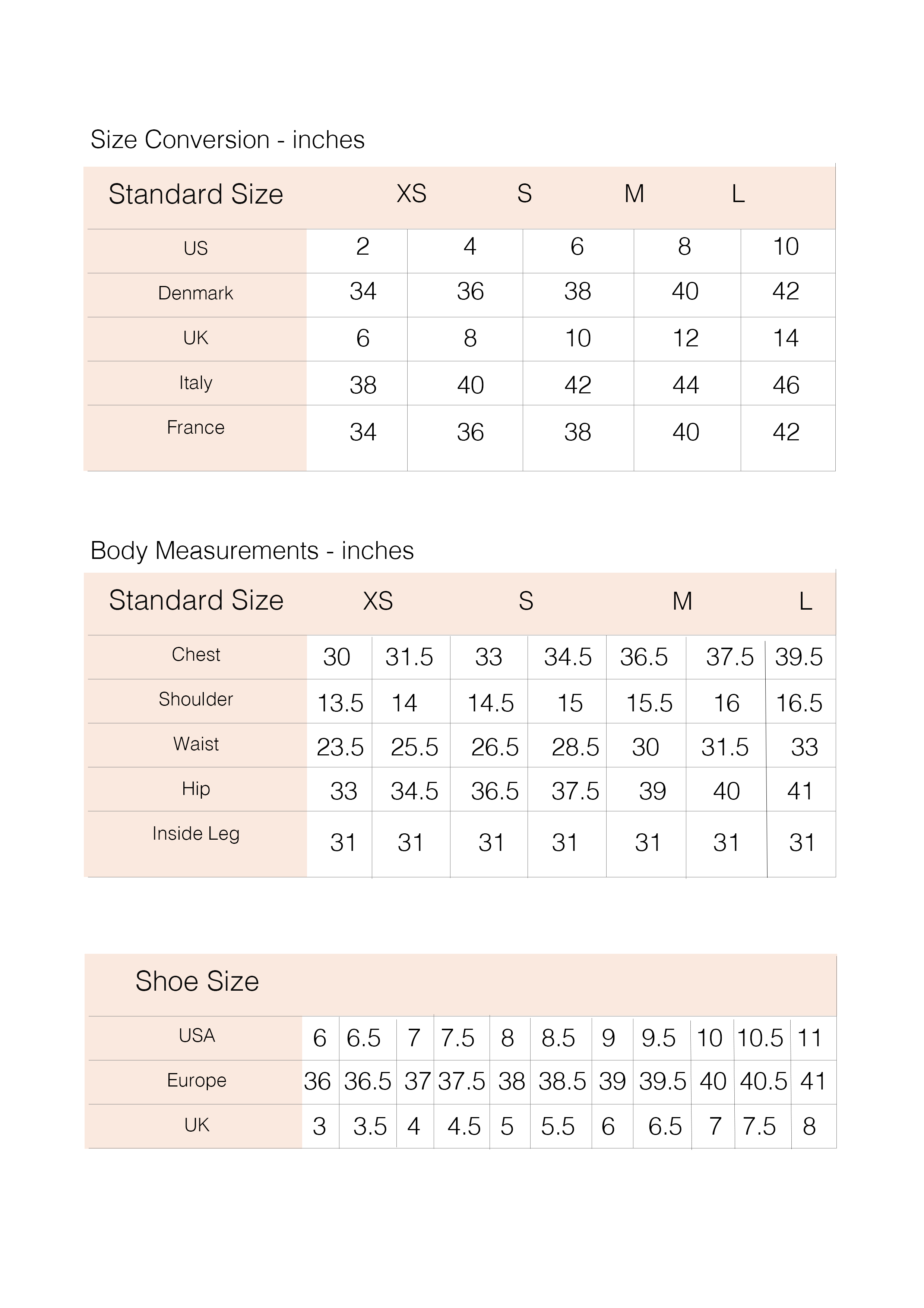 Size Conversion Chart & Measurement Diagram