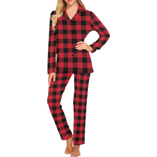 Buffalo Plaid Satin Women Pajama Set, Red Black Check Christmas Long S