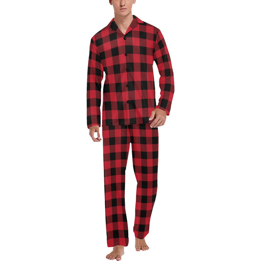 Buffalo Plaid Satin Women Pajama Set, Red Black Check Christmas Long S