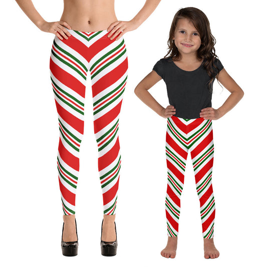 Christmas Leggings Women, Red Xmas Holiday Candy Cane Printed Yoga