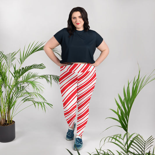 Red and White Striped Plus Size Women Leggings, Printed Christmas Elf –  Starcove Fashion