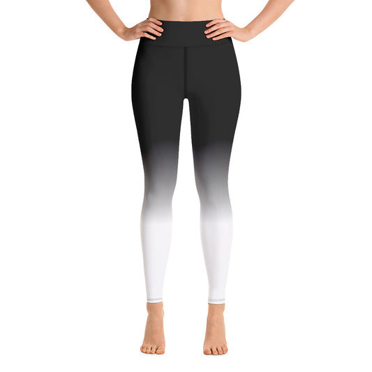 Grey White Ombre Leggings Women, Gradient Tie Dye Black Printed Yoga P