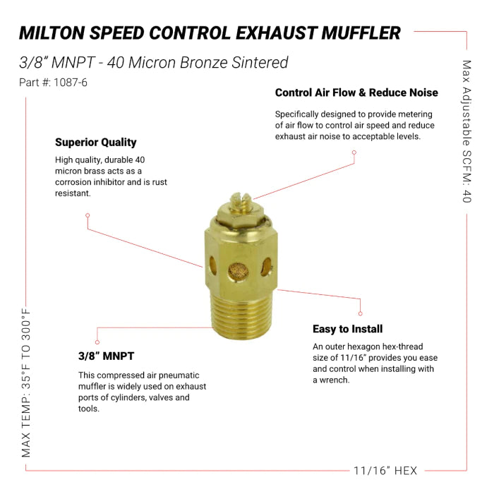 Milton 1087 6 Speed Control Exhaust Muffler, 3/8” MNPT   40 Micron Sintered Bronze Silencer/Diffuse Air & Noise Reducer