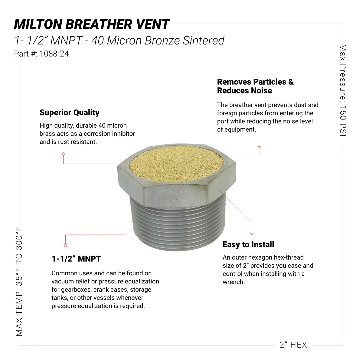 Milton 1088-24 Breather Vent Pneumatic Muffler, 1- 1/2” MNPT - 40 Micron Sintered Bronze Silencer/Diffuse Air & Noise Reducer - Image 6