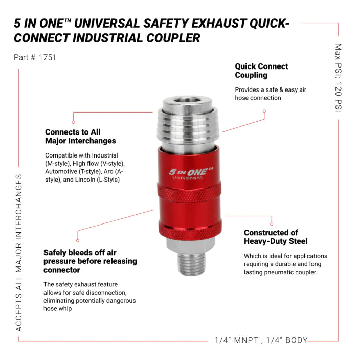 Milton 1751BK 5 In ONE® Universal Safety Exhaust Quick Connect Industrial Coupler, 1/4" NPT