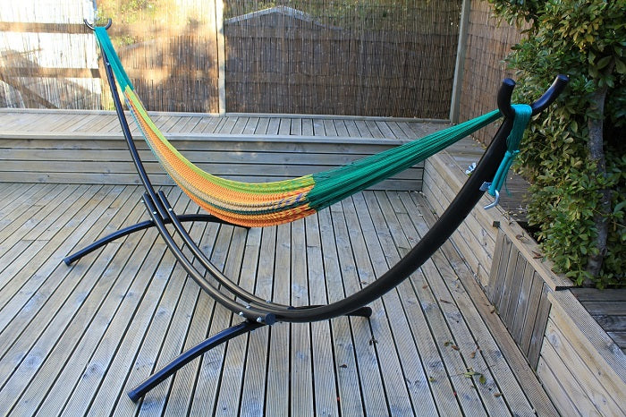Metal arc hammock stand with Mexican cotton hammock