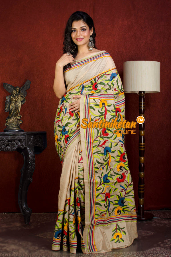 Kantha Stitch White Tussar Silk Saree | Buy Online | Balaji Retails