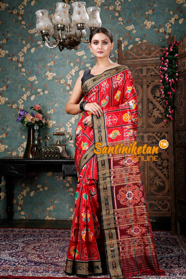 Red Orange Pasapali Khandua Silk Saree