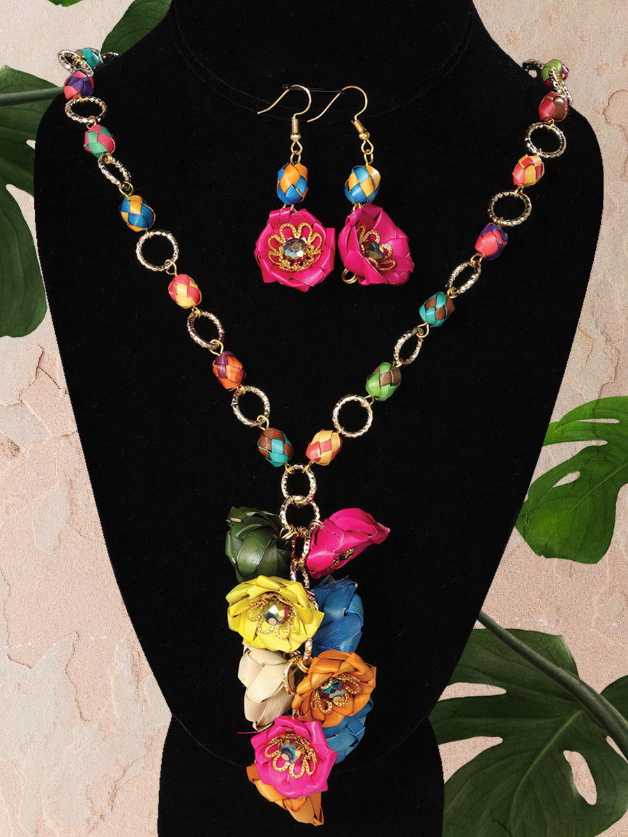 Set De Collar Y Aretes Artesanales Racimo Multicolor- & Earings Set