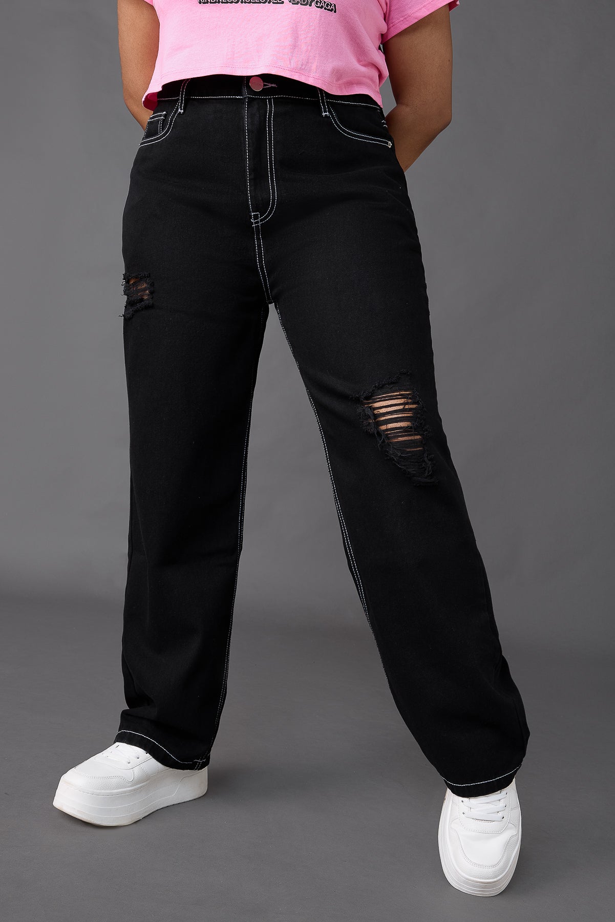 Curve Black Distress Straight Jeans