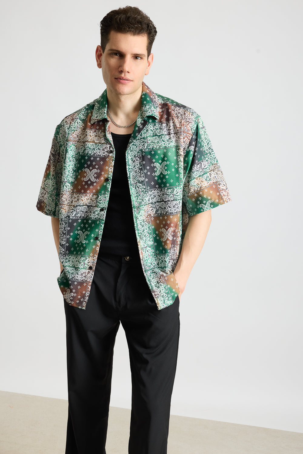 Green Multi Print Men's Resort Shirt