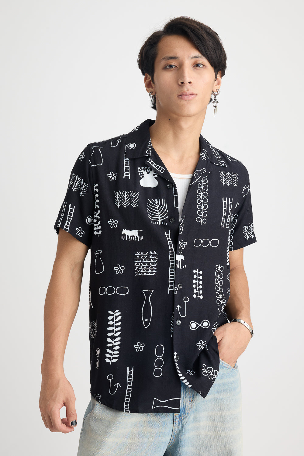 Aquatic Print Black Linen Men's Shirt