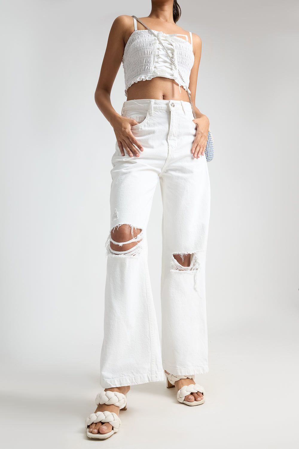 Distressed Knee Wide Leg White Jeans