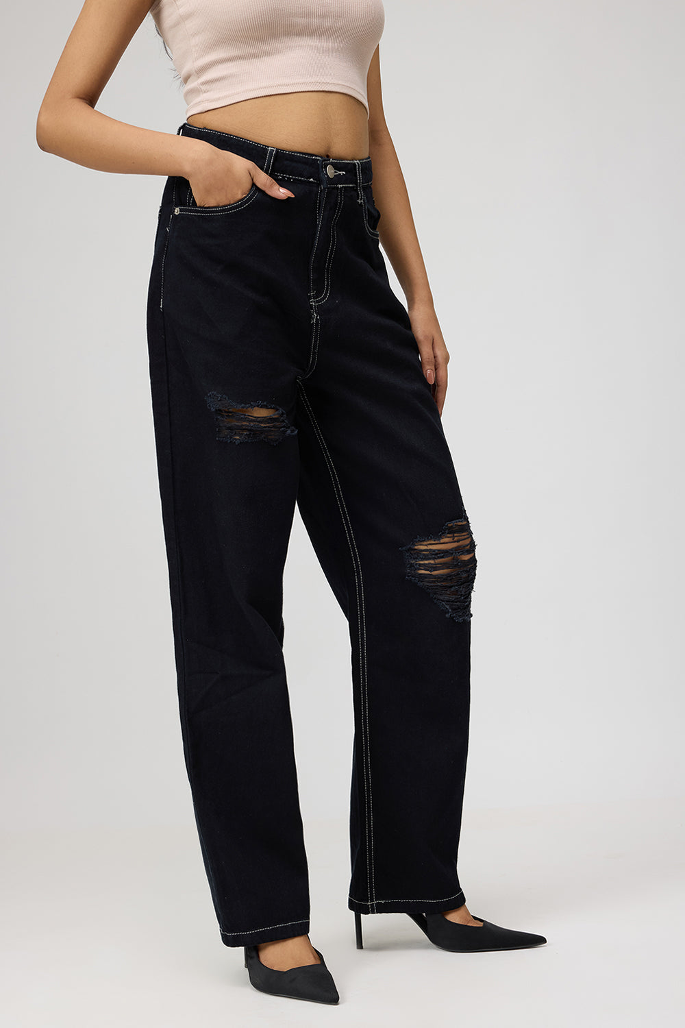 Black High-Rise Distressed Straight Leg Jeans