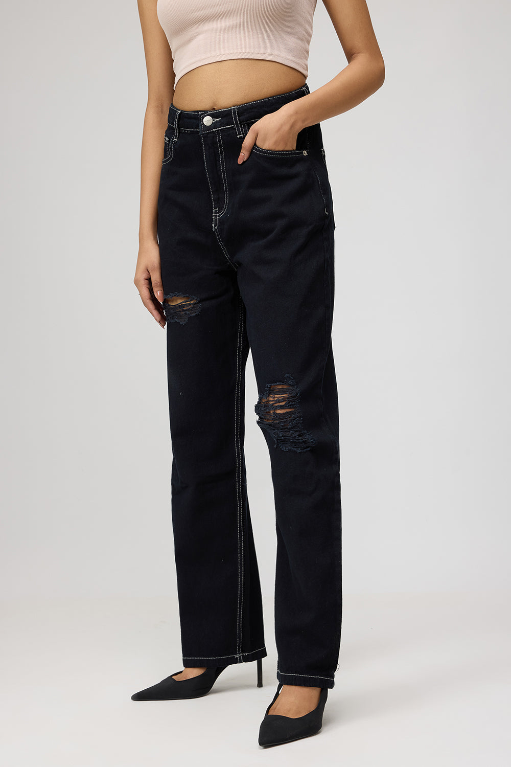 Black High-Rise Distressed Straight Leg Jeans