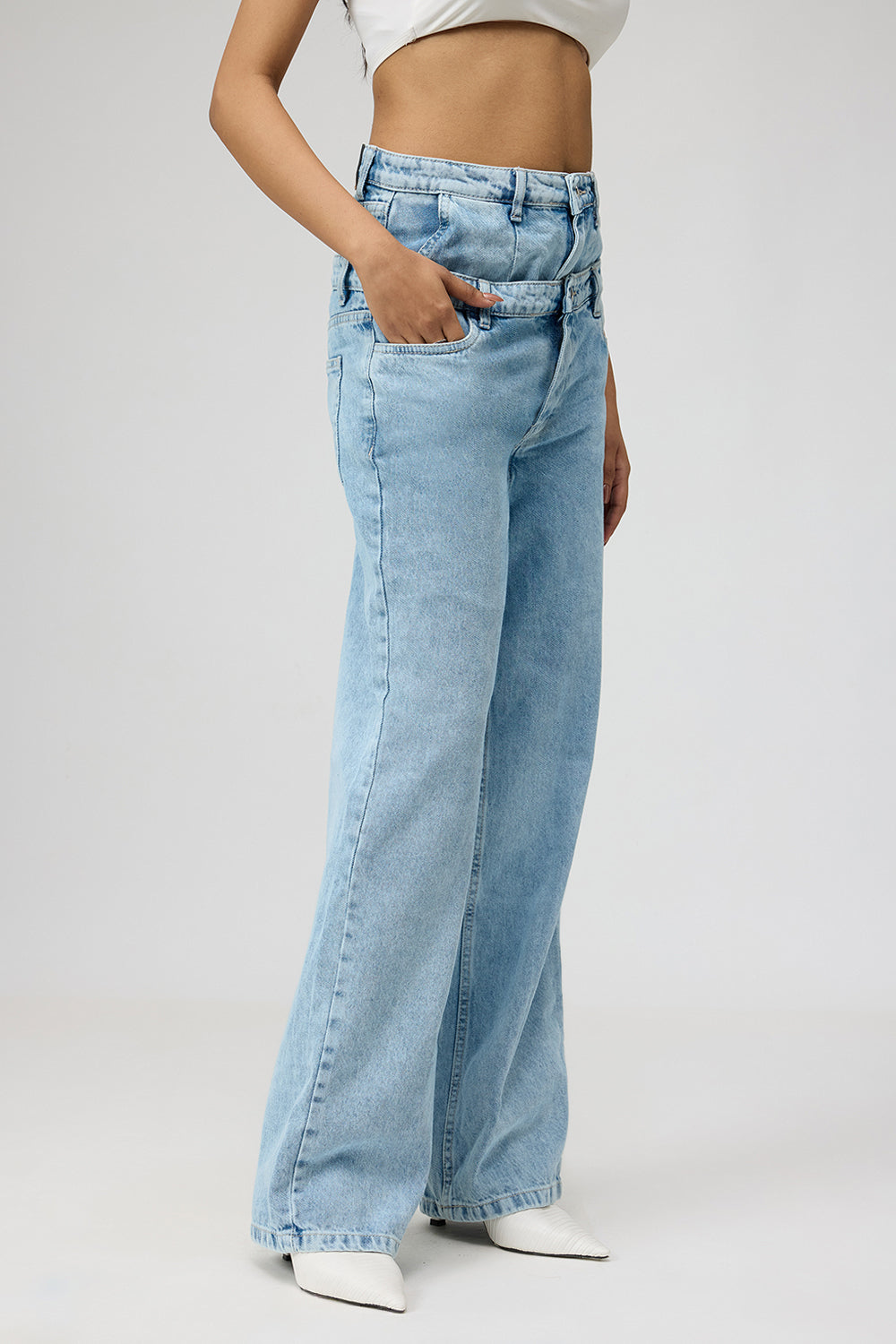 Dual Flap Light Blue Straight Leg Jeans