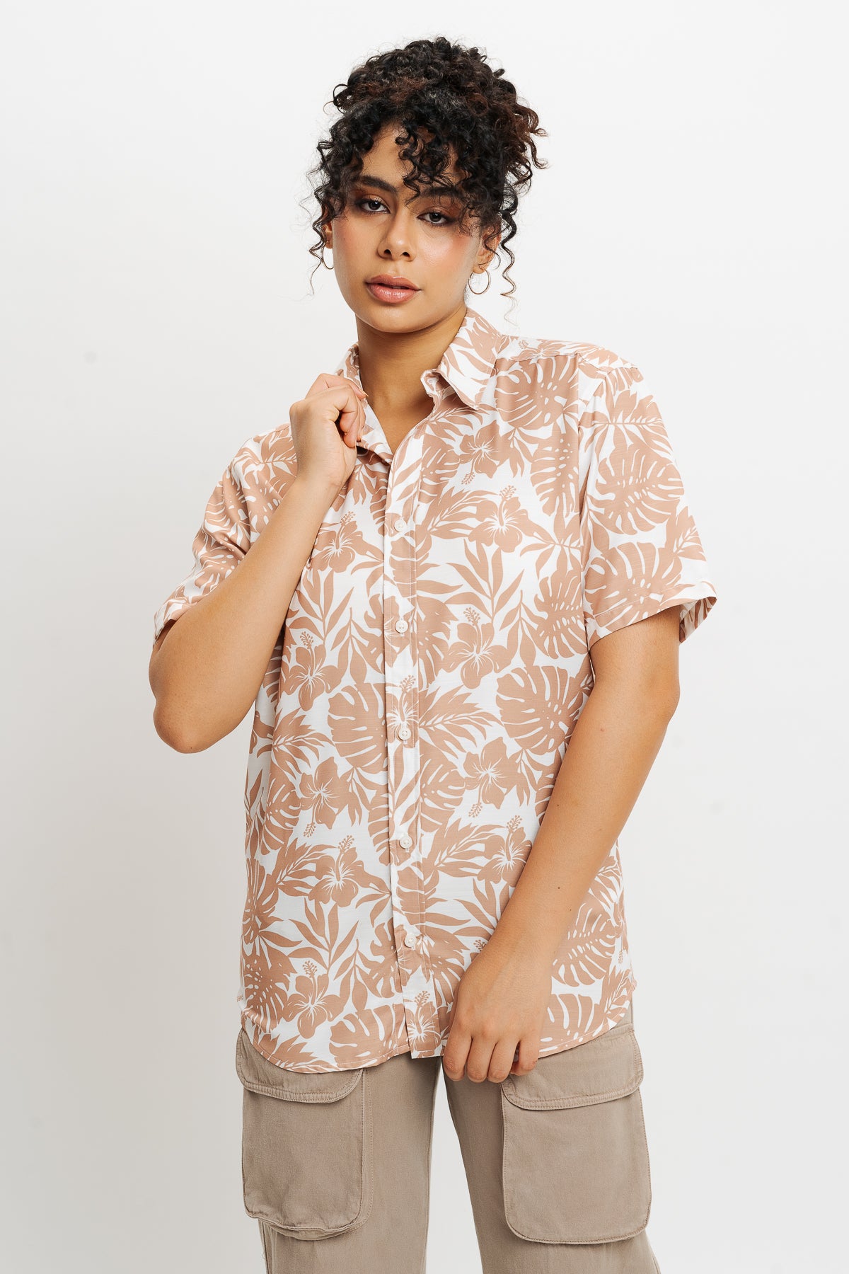 Beige Tropical Print Shirt