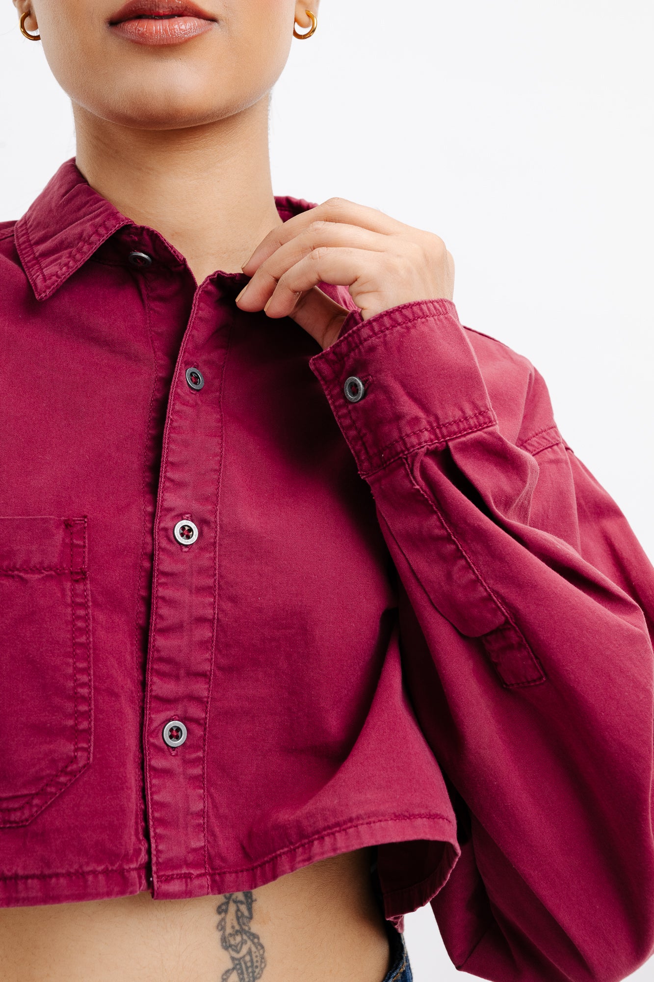 Burgundy Full Sleeves Crop Shirt