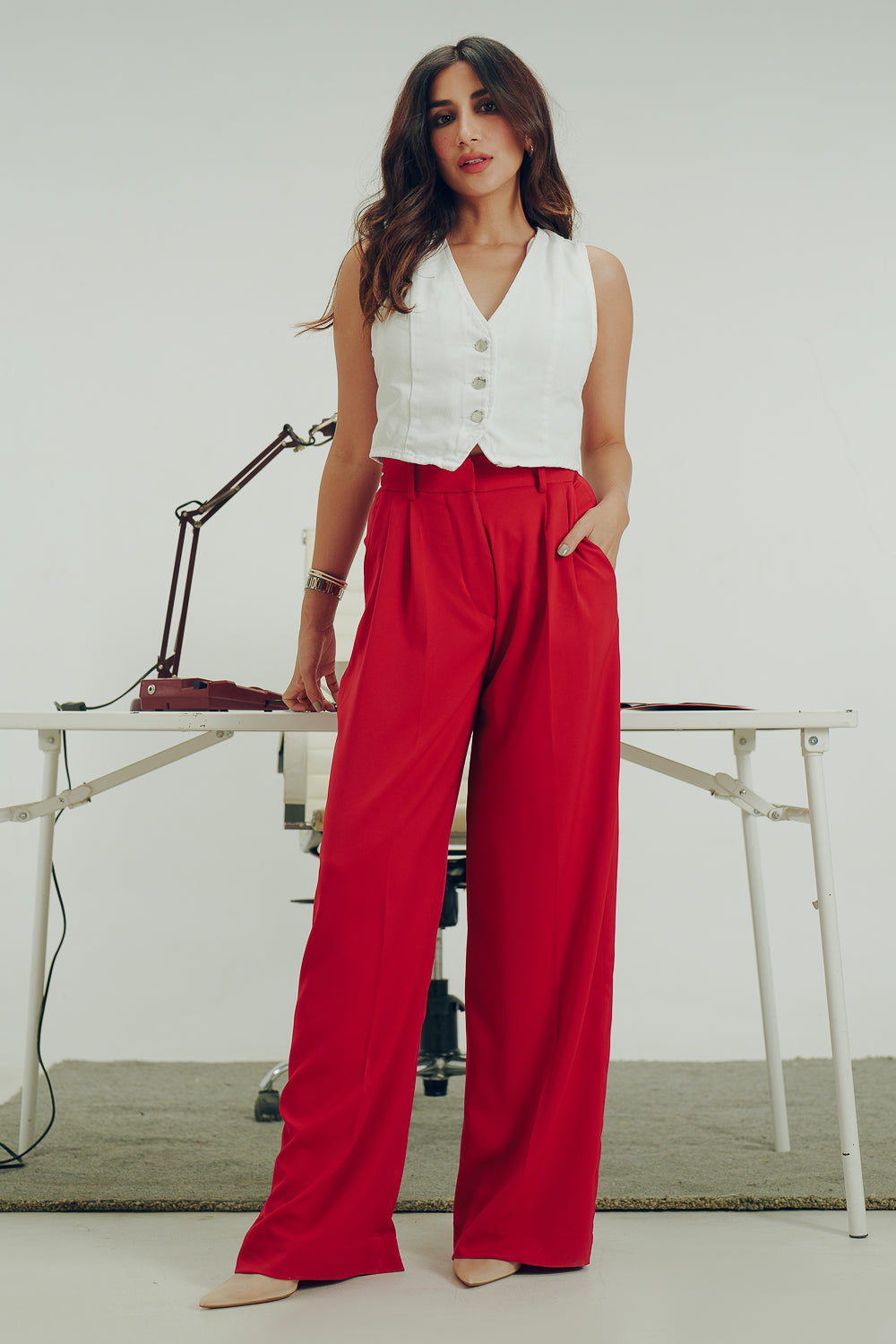 Classic Red Pleated Korean Pants