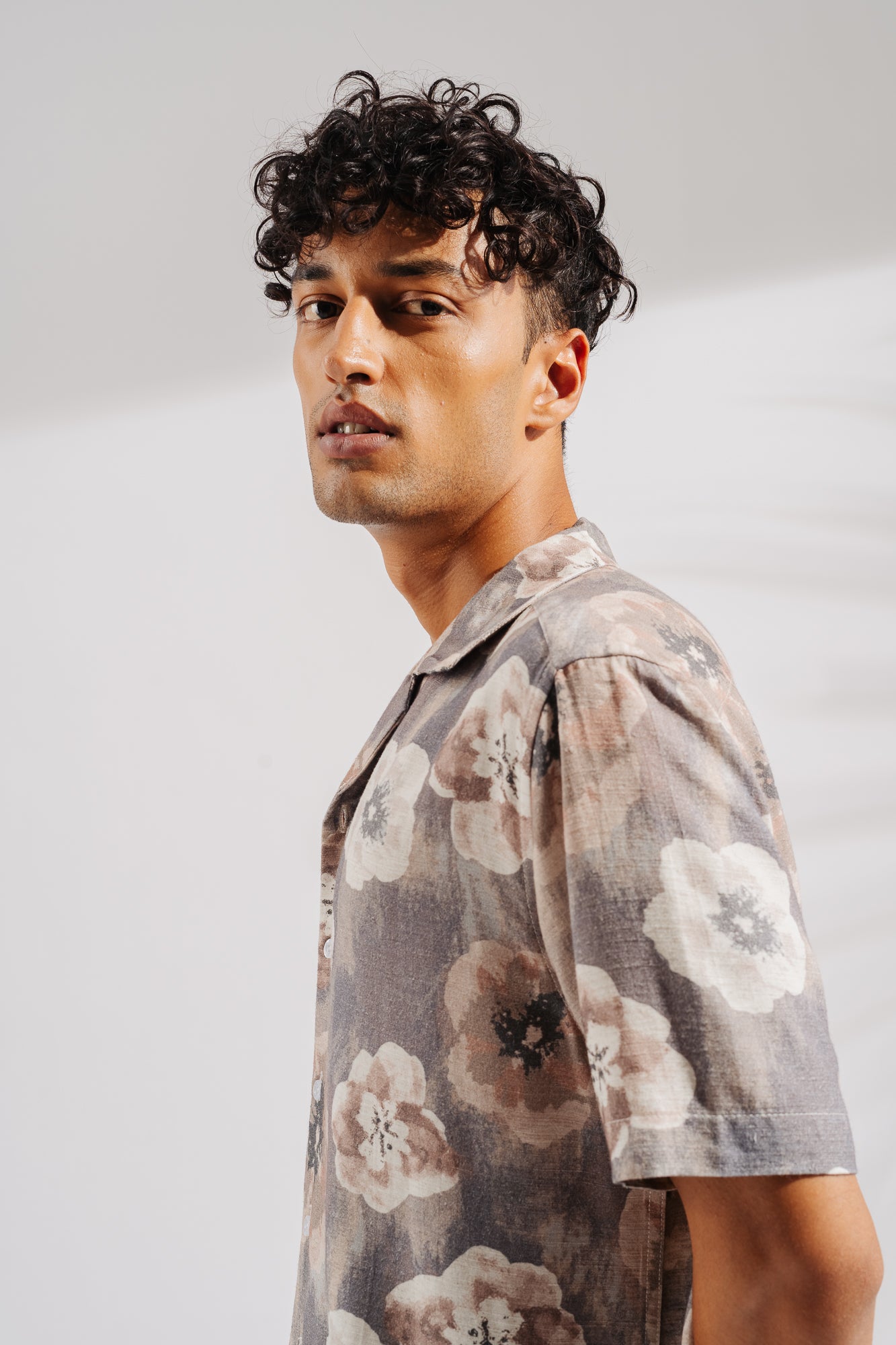 Grey Floral Print Men's Linen Shirt