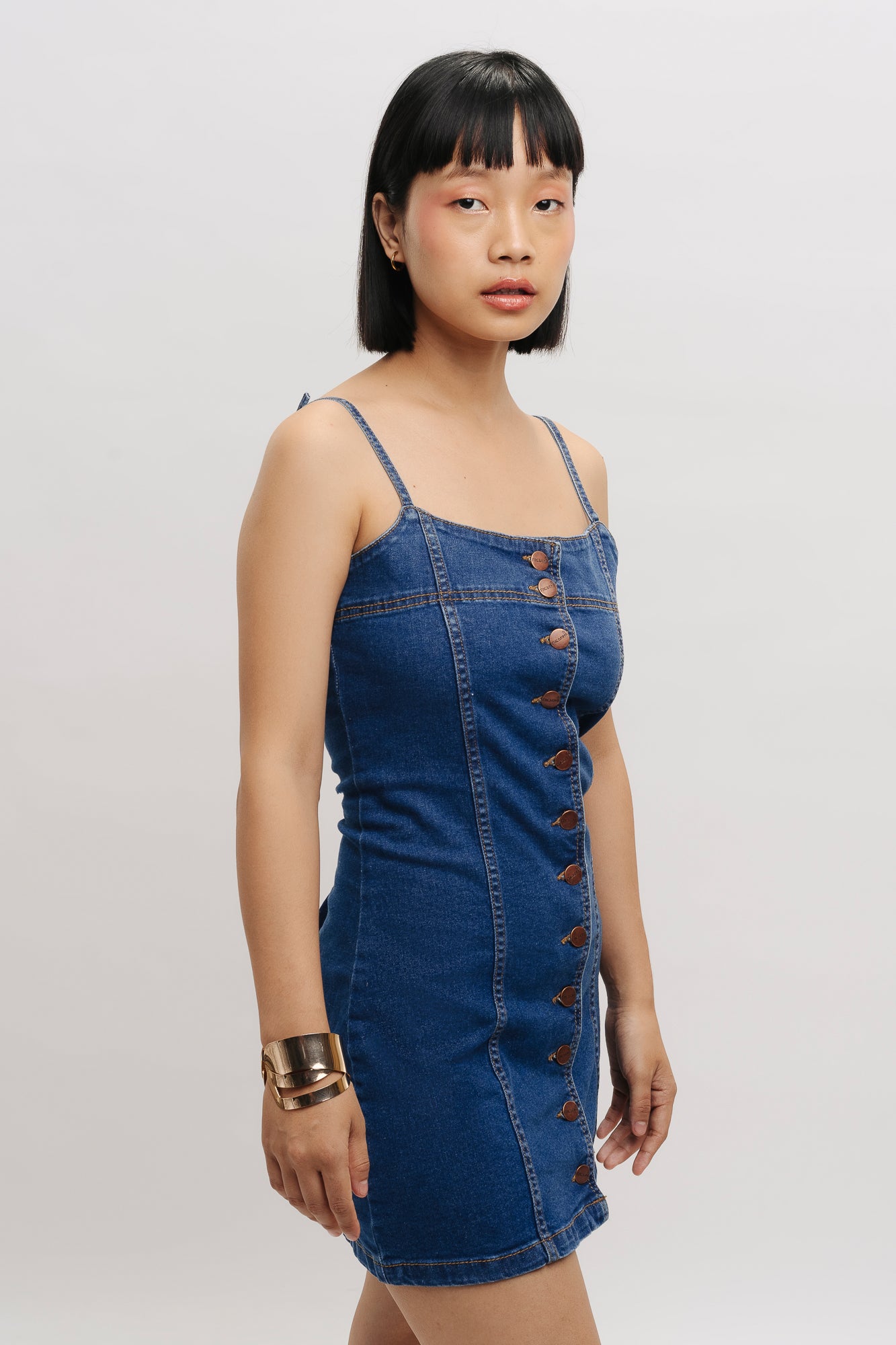 Front Buttoned Strap Denim Dress