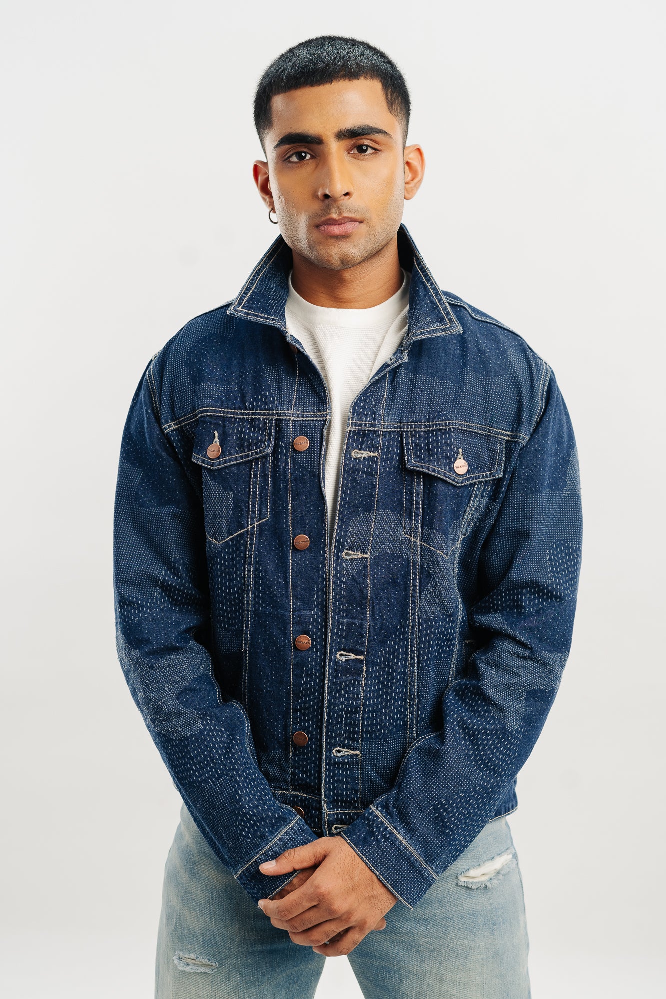 Dot Detailed Indigo Men's Trucker Jacket