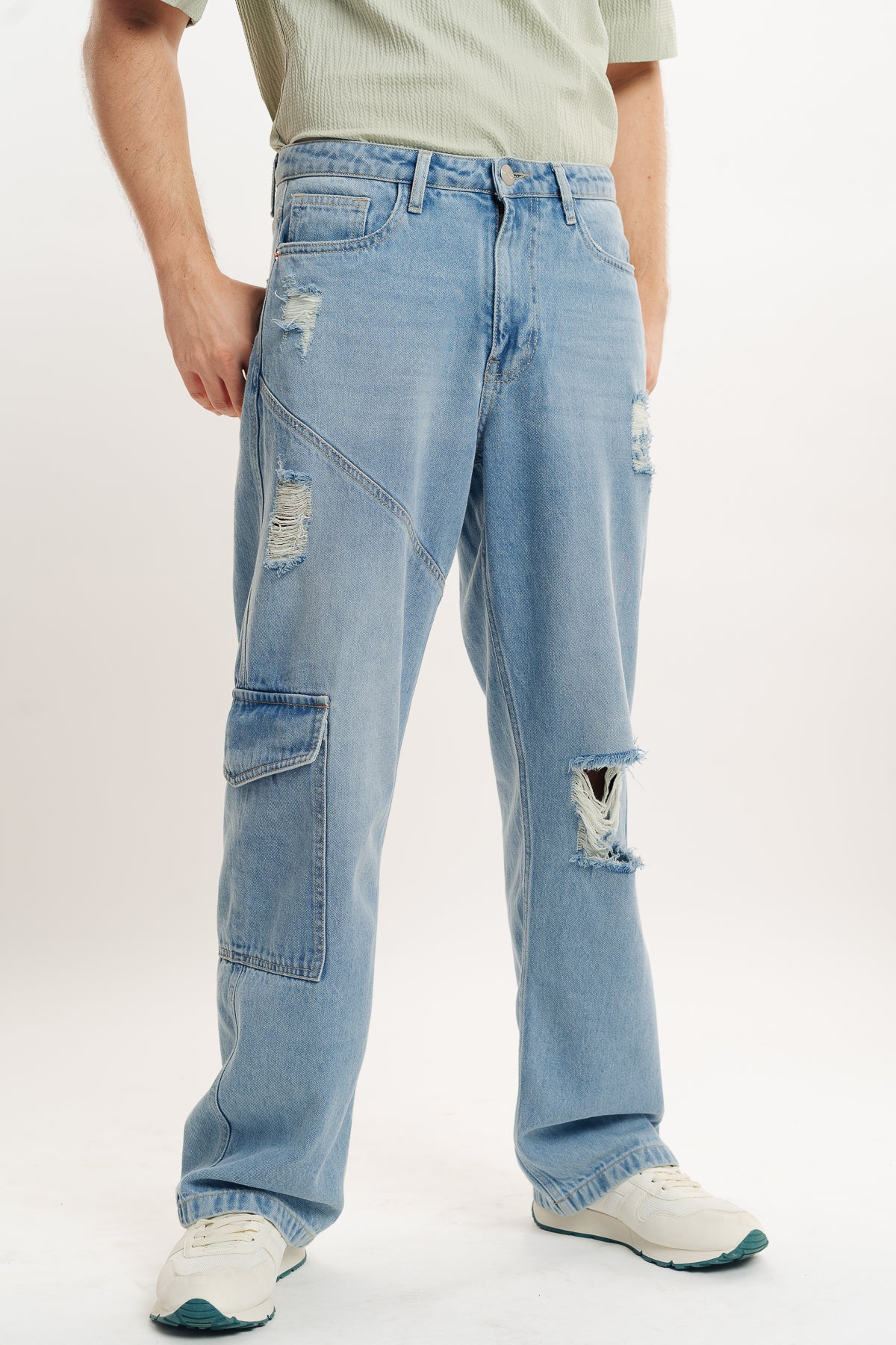 MEN'S BLUE PATCH & SEAM CARGO JEANS