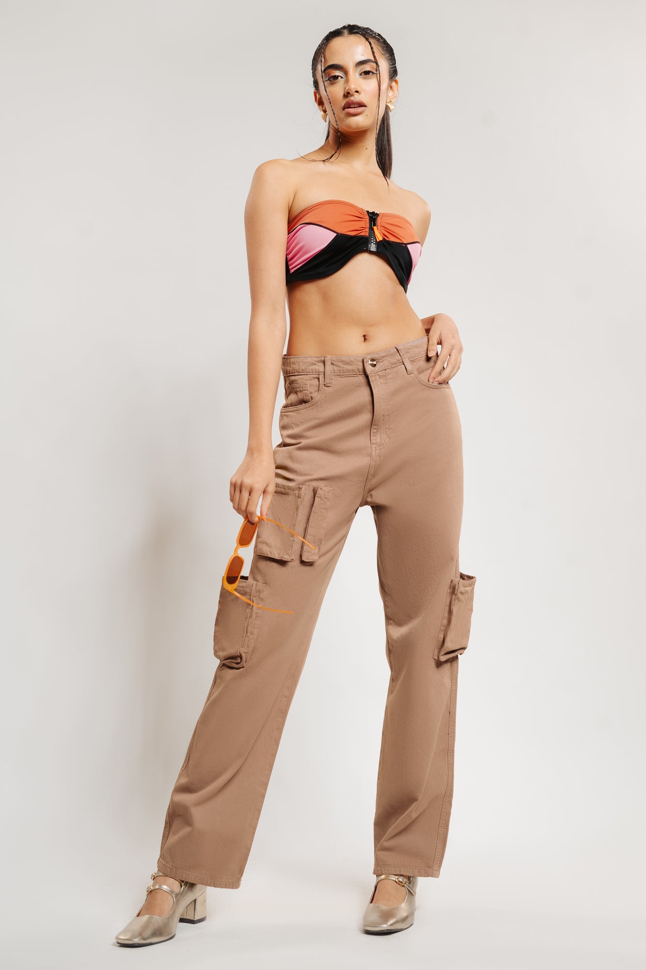 Palish peach straight fit utility jeans