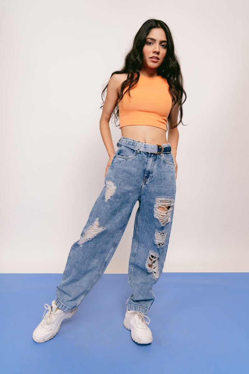 Light Blue Ripped Belted Baggy Jeans Freakins