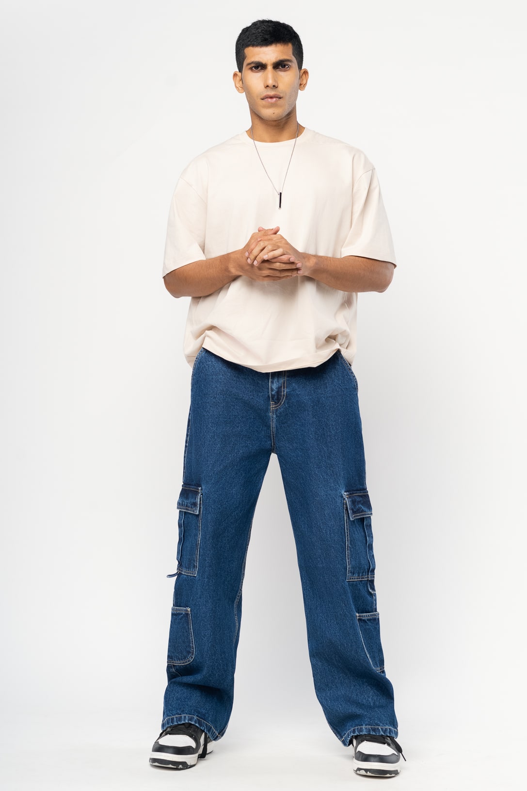 MEN'S BLUE PATCH & SEAM CARGO JEANS