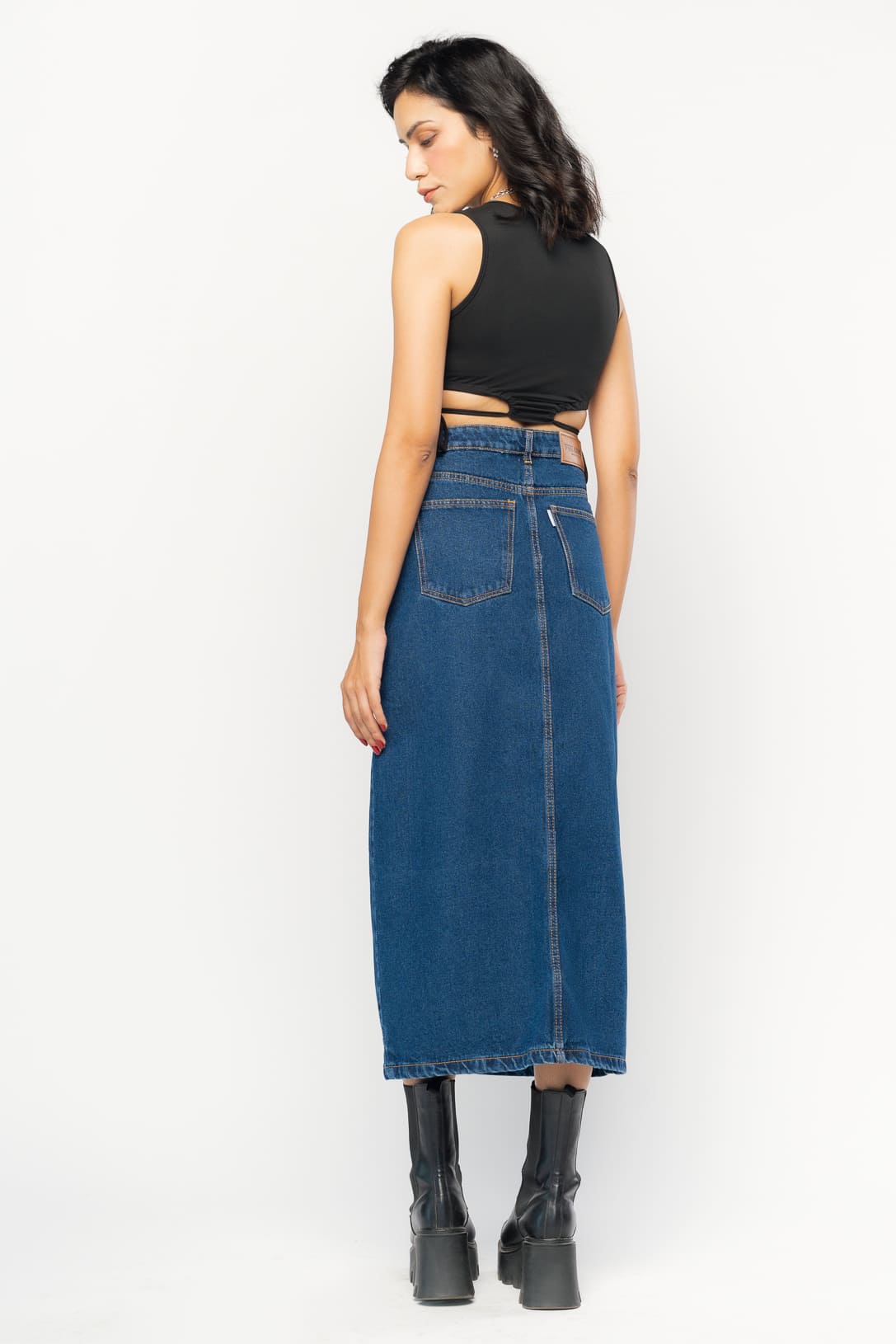 Curved Slit Denim Blue Midi Skirt