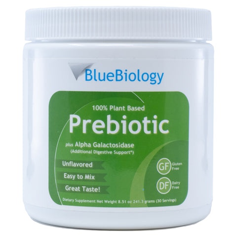 Image of a bottle of BlueBiology Prebiotic, our premium prebiotic powder supplement with alpha galactosidase