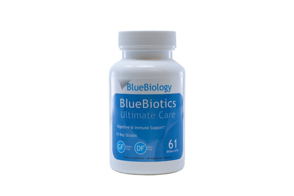 Probiotics vs yogurt: a bottle of BlueBiology Bluebiotics Ultimate Care