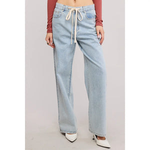 Waist String Detail Lightwash Straight Denim Pants - The Ivory Palm