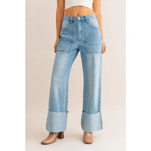 High Waisted Wide Leg Cuffed Jeans - The Ivory Palm