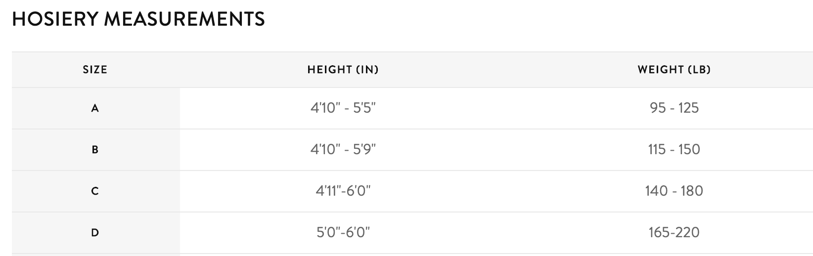 Hosiery size guide