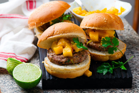 Blackened Chicken Burgers with Warm Mango Salsa