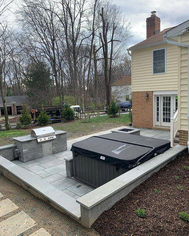 Flagstone Patio, Outdoor Grill Island, Custom Fire Pit, and Hot Tub - Oh My!