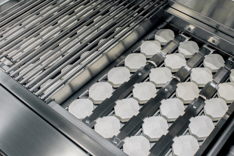 Ceramic briquettes protect the burners, offer uniform cooking, and are easy to clean