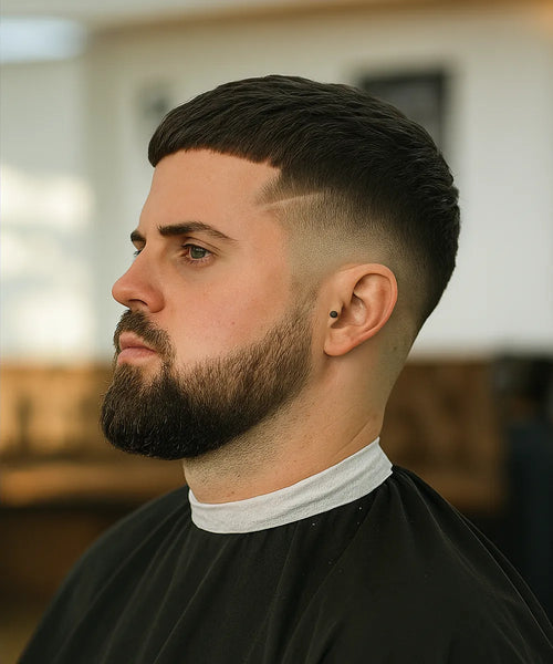Buzzcut fringe with blunt bangs and skin fade for modern edge