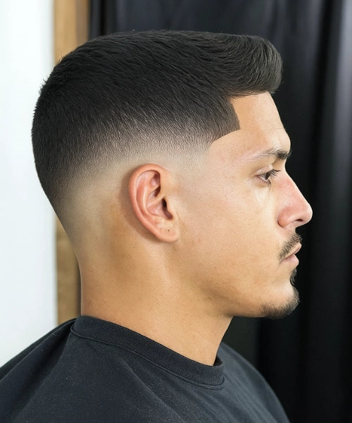 Low fade crew cut with short textured top and smooth faded sides for clean style.