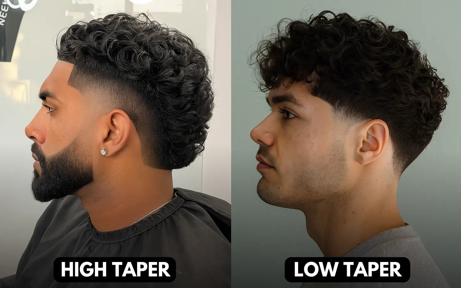 Side-by-side comparison of high taper vs low taper showing taper height and styling differences.